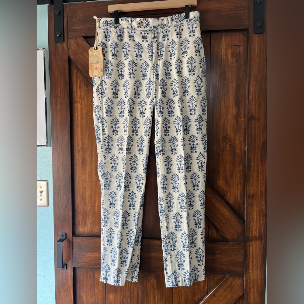 Polo Ralph Lauren Pants Women 32/32 Straight Blue and Cream Floral Cotton Slacks